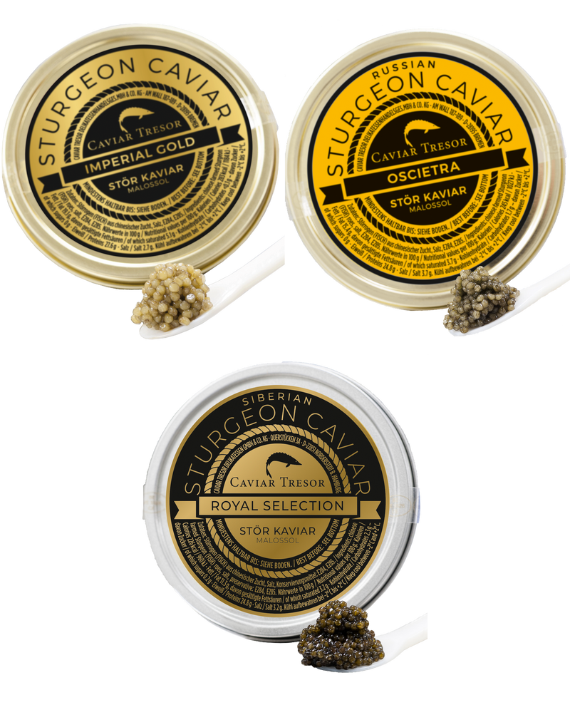 50g Chin. Osietra Imperial Gueldenstaedtii 50g Chin. Baeri / Schrencki Imperial Kaviar 50g Chin. Imperial Gold Kaviar